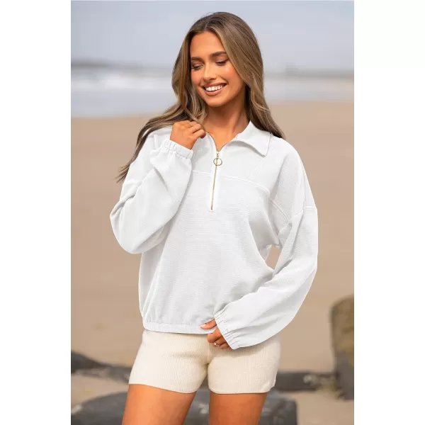 imagePRETTYGARDEN Womens 2023 Fall Sweatshirt Half Zip Collar Pullover Tops Oversized Long Sleeve Plain Casual Jacket ClothesWhite