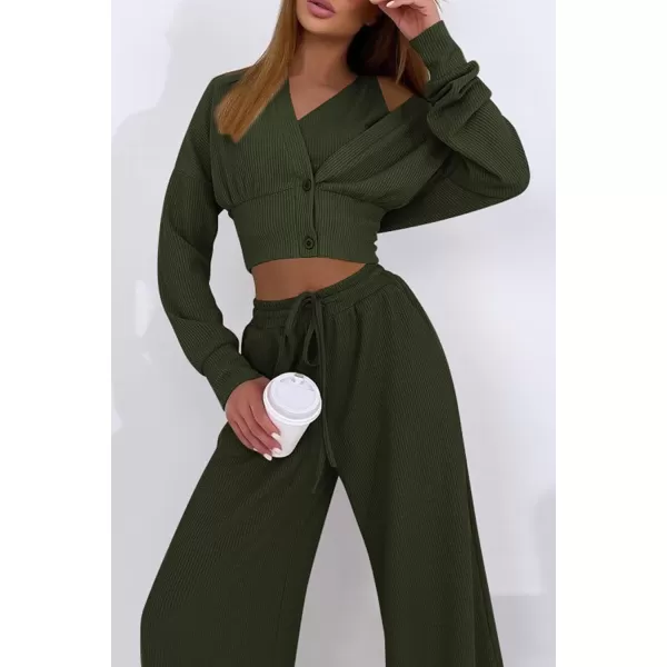 imagePRETTYGARDEN Womens 2023 Fall Track Suits 3 Piece Outfits Matching Sets Ribbed Knit Cardigan Cropped Tank Tops Wide Leg PantsArmy Green