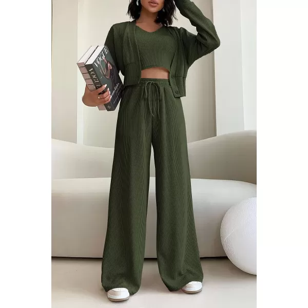 imagePRETTYGARDEN Womens 2023 Fall Track Suits 3 Piece Outfits Matching Sets Ribbed Knit Cardigan Cropped Tank Tops Wide Leg PantsArmy Green