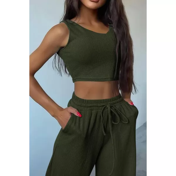 imagePRETTYGARDEN Womens 2023 Fall Track Suits 3 Piece Outfits Matching Sets Ribbed Knit Cardigan Cropped Tank Tops Wide Leg PantsArmy Green