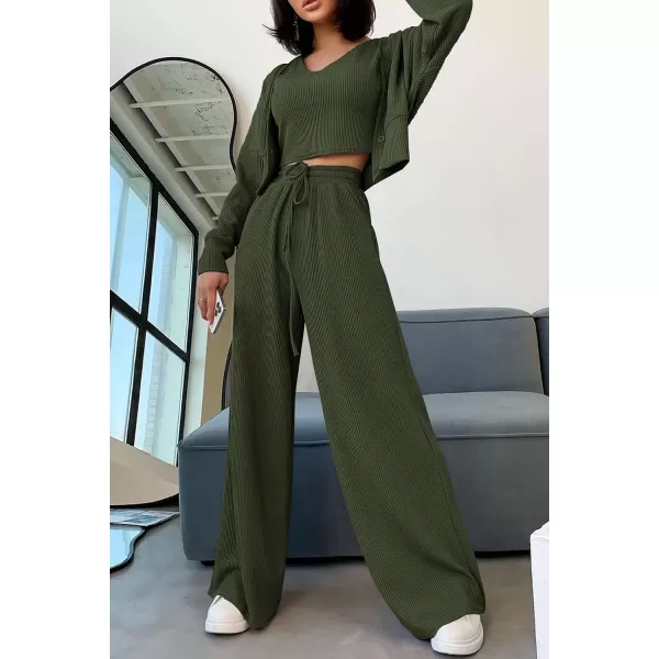 imagePRETTYGARDEN Womens 2023 Fall Track Suits 3 Piece Outfits Matching Sets Ribbed Knit Cardigan Cropped Tank Tops Wide Leg PantsArmy Green