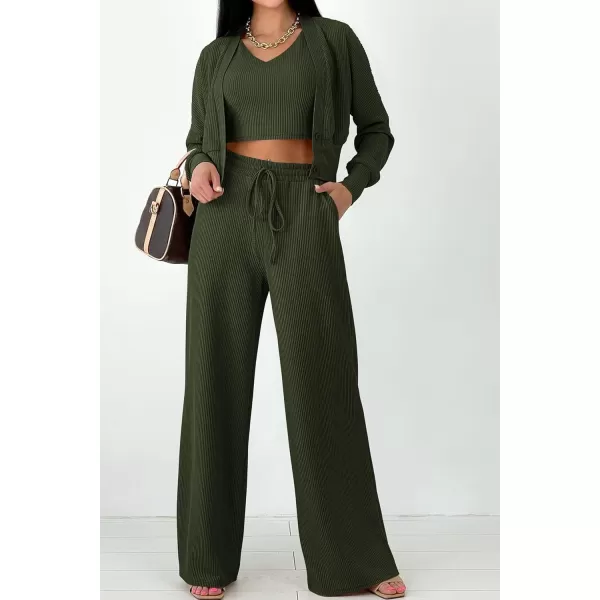 imagePRETTYGARDEN Womens 2023 Fall Track Suits 3 Piece Outfits Matching Sets Ribbed Knit Cardigan Cropped Tank Tops Wide Leg PantsArmy Green