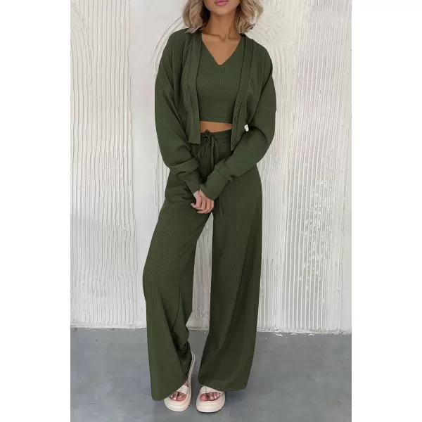 imagePRETTYGARDEN Womens 2023 Fall Track Suits 3 Piece Outfits Matching Sets Ribbed Knit Cardigan Cropped Tank Tops Wide Leg PantsArmy Green