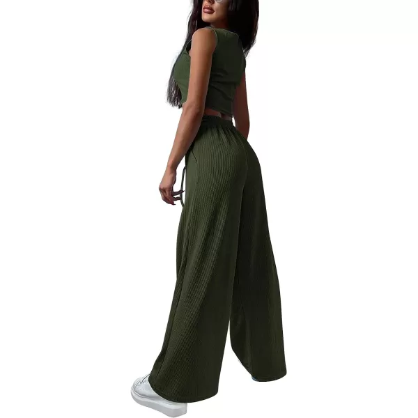 imagePRETTYGARDEN Womens 2023 Fall Track Suits 3 Piece Outfits Matching Sets Ribbed Knit Cardigan Cropped Tank Tops Wide Leg PantsArmy Green