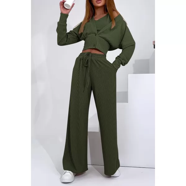imagePRETTYGARDEN Womens 2023 Fall Track Suits 3 Piece Outfits Matching Sets Ribbed Knit Cardigan Cropped Tank Tops Wide Leg PantsArmy Green