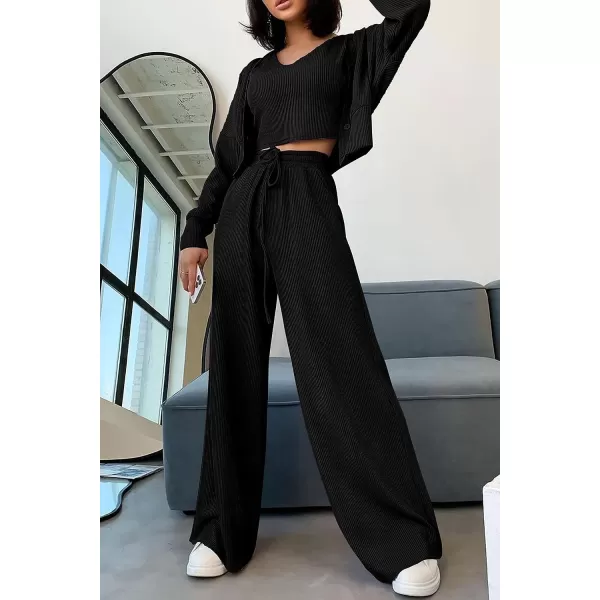 imagePRETTYGARDEN Womens 2023 Fall Track Suits 3 Piece Outfits Matching Sets Ribbed Knit Cardigan Cropped Tank Tops Wide Leg PantsBlack