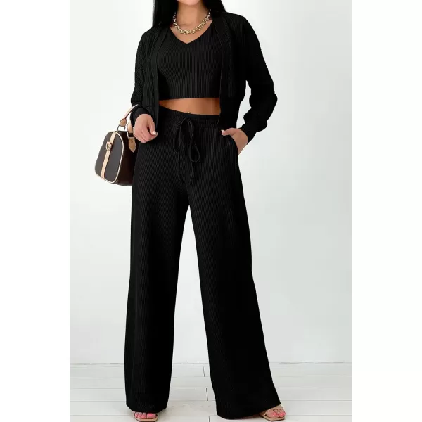 imagePRETTYGARDEN Womens 2023 Fall Track Suits 3 Piece Outfits Matching Sets Ribbed Knit Cardigan Cropped Tank Tops Wide Leg PantsBlack