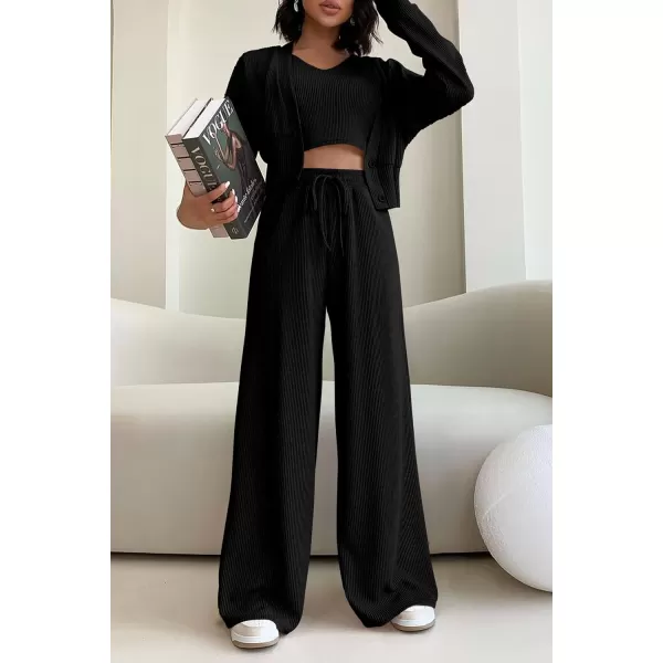 imagePRETTYGARDEN Womens 2023 Fall Track Suits 3 Piece Outfits Matching Sets Ribbed Knit Cardigan Cropped Tank Tops Wide Leg PantsBlack