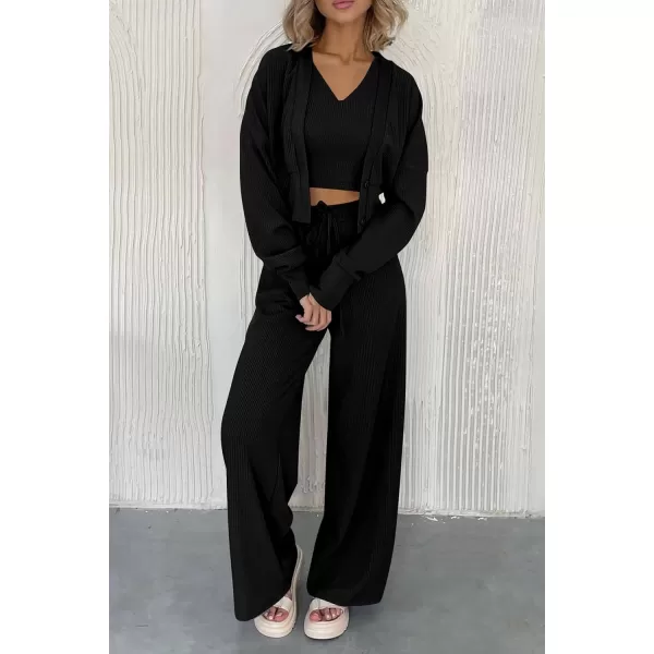 imagePRETTYGARDEN Womens 2023 Fall Track Suits 3 Piece Outfits Matching Sets Ribbed Knit Cardigan Cropped Tank Tops Wide Leg PantsBlack