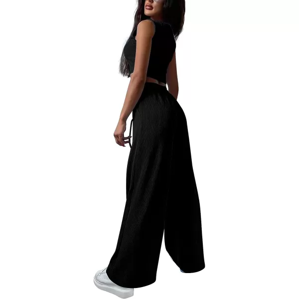 imagePRETTYGARDEN Womens 2023 Fall Track Suits 3 Piece Outfits Matching Sets Ribbed Knit Cardigan Cropped Tank Tops Wide Leg PantsBlack