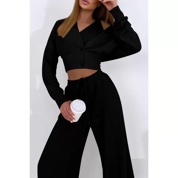 imagePRETTYGARDEN Womens 2023 Fall Track Suits 3 Piece Outfits Matching Sets Ribbed Knit Cardigan Cropped Tank Tops Wide Leg PantsBlack
