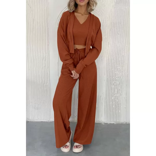 imagePRETTYGARDEN Womens 2023 Fall Track Suits 3 Piece Outfits Matching Sets Ribbed Knit Cardigan Cropped Tank Tops Wide Leg PantsBrown