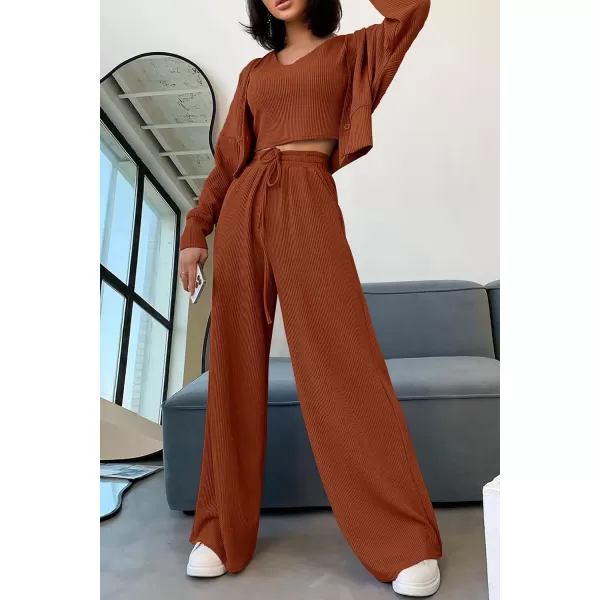 imagePRETTYGARDEN Womens 2023 Fall Track Suits 3 Piece Outfits Matching Sets Ribbed Knit Cardigan Cropped Tank Tops Wide Leg PantsBrown