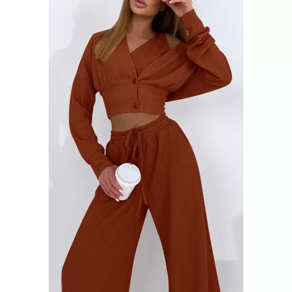 imagePRETTYGARDEN Womens 2023 Fall Track Suits 3 Piece Outfits Matching Sets Ribbed Knit Cardigan Cropped Tank Tops Wide Leg PantsBrown
