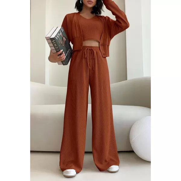 imagePRETTYGARDEN Womens 2023 Fall Track Suits 3 Piece Outfits Matching Sets Ribbed Knit Cardigan Cropped Tank Tops Wide Leg PantsBrown