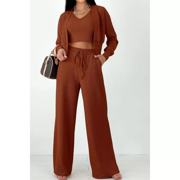 imagePRETTYGARDEN Womens 2023 Fall Track Suits 3 Piece Outfits Matching Sets Ribbed Knit Cardigan Cropped Tank Tops Wide Leg PantsBrown
