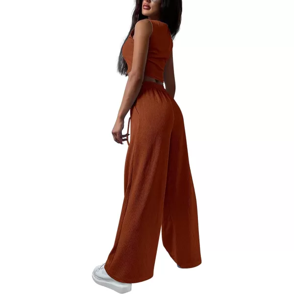 imagePRETTYGARDEN Womens 2023 Fall Track Suits 3 Piece Outfits Matching Sets Ribbed Knit Cardigan Cropped Tank Tops Wide Leg PantsBrown