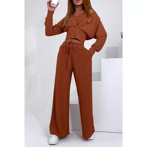 imagePRETTYGARDEN Womens 2023 Fall Track Suits 3 Piece Outfits Matching Sets Ribbed Knit Cardigan Cropped Tank Tops Wide Leg PantsBrown