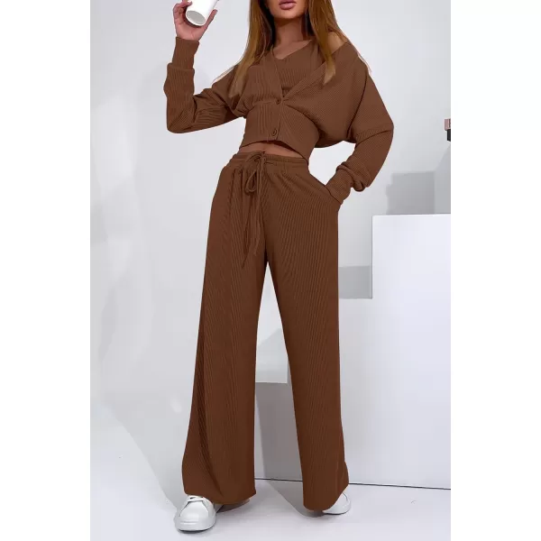 imagePRETTYGARDEN Womens 2023 Fall Track Suits 3 Piece Outfits Matching Sets Ribbed Knit Cardigan Cropped Tank Tops Wide Leg PantsCoffee
