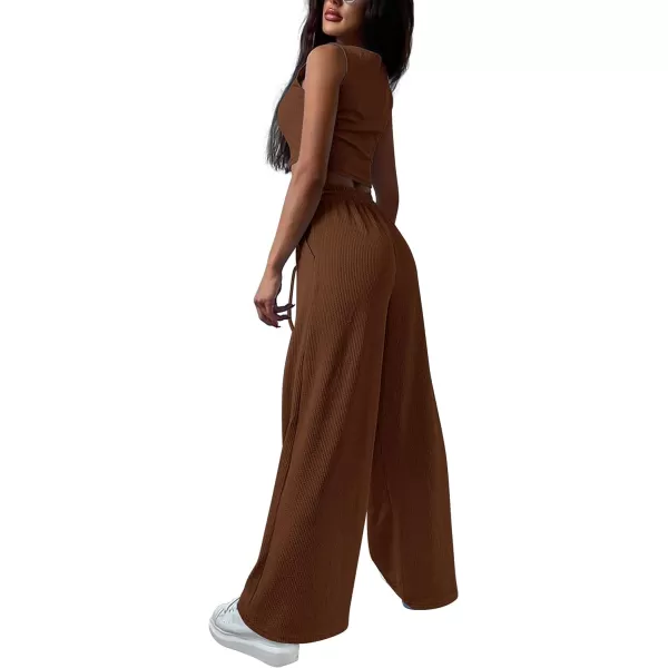 imagePRETTYGARDEN Womens 2023 Fall Track Suits 3 Piece Outfits Matching Sets Ribbed Knit Cardigan Cropped Tank Tops Wide Leg PantsCoffee