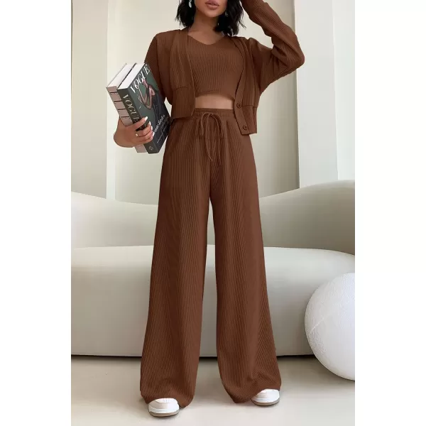 imagePRETTYGARDEN Womens 2023 Fall Track Suits 3 Piece Outfits Matching Sets Ribbed Knit Cardigan Cropped Tank Tops Wide Leg PantsCoffee