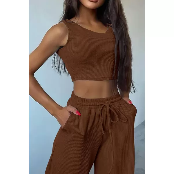 imagePRETTYGARDEN Womens 2023 Fall Track Suits 3 Piece Outfits Matching Sets Ribbed Knit Cardigan Cropped Tank Tops Wide Leg PantsCoffee
