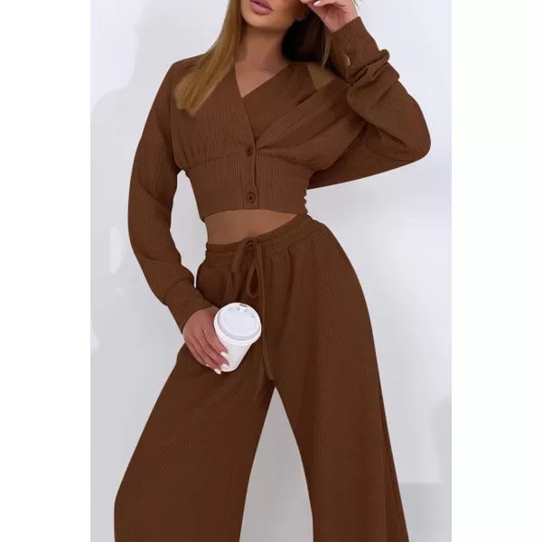 imagePRETTYGARDEN Womens 2023 Fall Track Suits 3 Piece Outfits Matching Sets Ribbed Knit Cardigan Cropped Tank Tops Wide Leg PantsCoffee