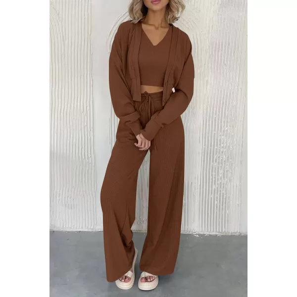 imagePRETTYGARDEN Womens 2023 Fall Track Suits 3 Piece Outfits Matching Sets Ribbed Knit Cardigan Cropped Tank Tops Wide Leg PantsCoffee