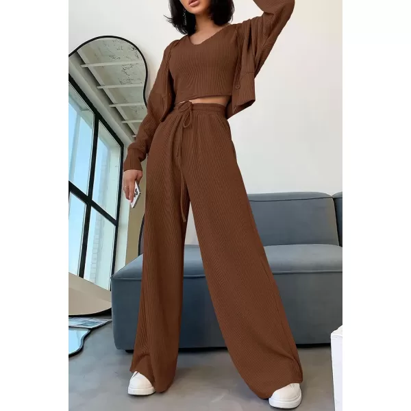 imagePRETTYGARDEN Womens 2023 Fall Track Suits 3 Piece Outfits Matching Sets Ribbed Knit Cardigan Cropped Tank Tops Wide Leg PantsCoffee