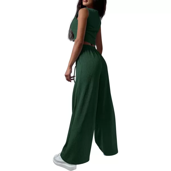 imagePRETTYGARDEN Womens 2023 Fall Track Suits 3 Piece Outfits Matching Sets Ribbed Knit Cardigan Cropped Tank Tops Wide Leg PantsDark Green