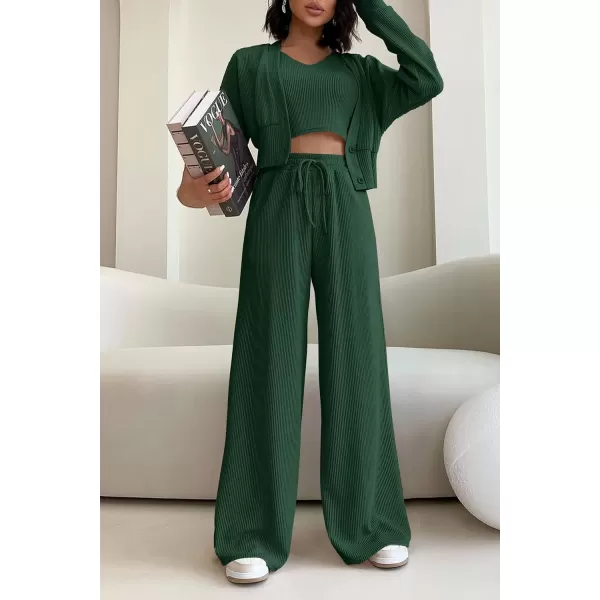 imagePRETTYGARDEN Womens 2023 Fall Track Suits 3 Piece Outfits Matching Sets Ribbed Knit Cardigan Cropped Tank Tops Wide Leg PantsDark Green
