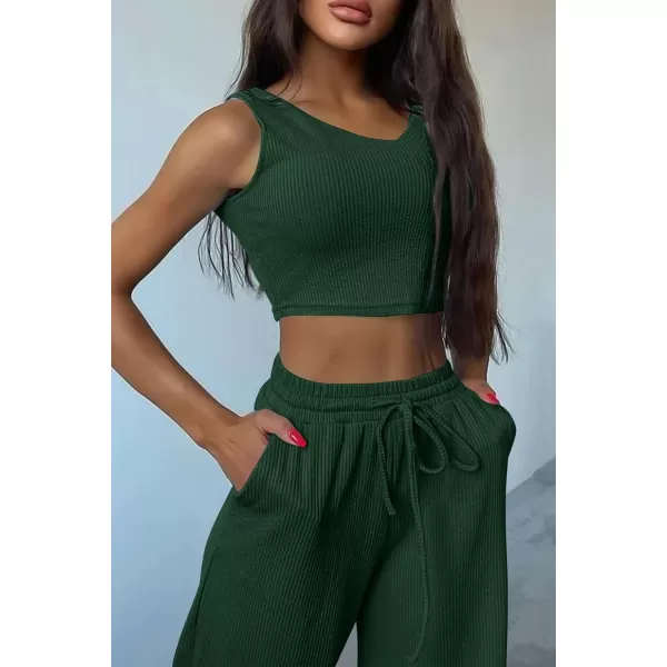 imagePRETTYGARDEN Womens 2023 Fall Track Suits 3 Piece Outfits Matching Sets Ribbed Knit Cardigan Cropped Tank Tops Wide Leg PantsDark Green
