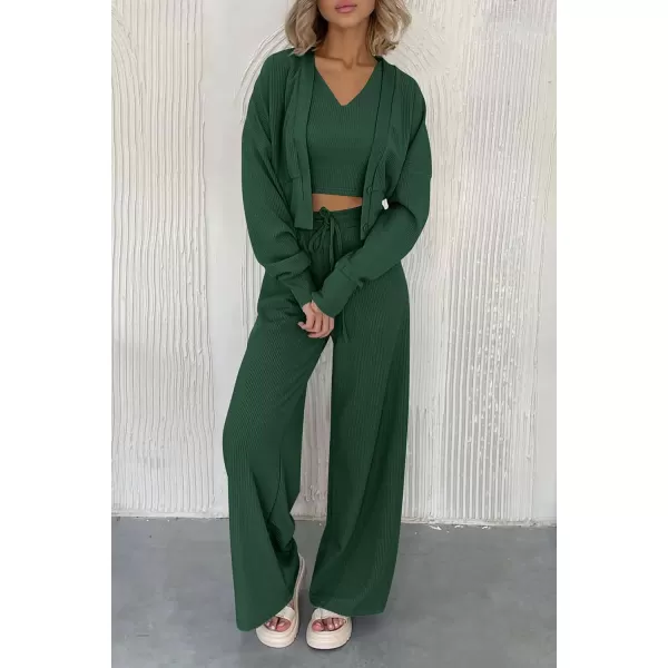 imagePRETTYGARDEN Womens 2023 Fall Track Suits 3 Piece Outfits Matching Sets Ribbed Knit Cardigan Cropped Tank Tops Wide Leg PantsDark Green
