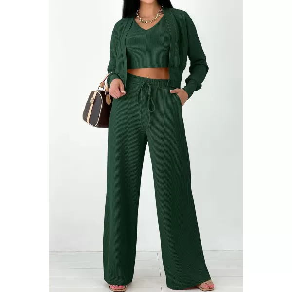 imagePRETTYGARDEN Womens 2023 Fall Track Suits 3 Piece Outfits Matching Sets Ribbed Knit Cardigan Cropped Tank Tops Wide Leg PantsDark Green