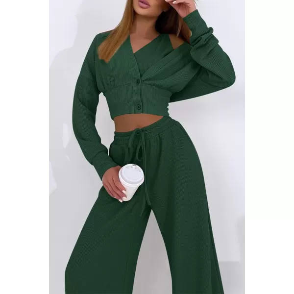 imagePRETTYGARDEN Womens 2023 Fall Track Suits 3 Piece Outfits Matching Sets Ribbed Knit Cardigan Cropped Tank Tops Wide Leg PantsDark Green