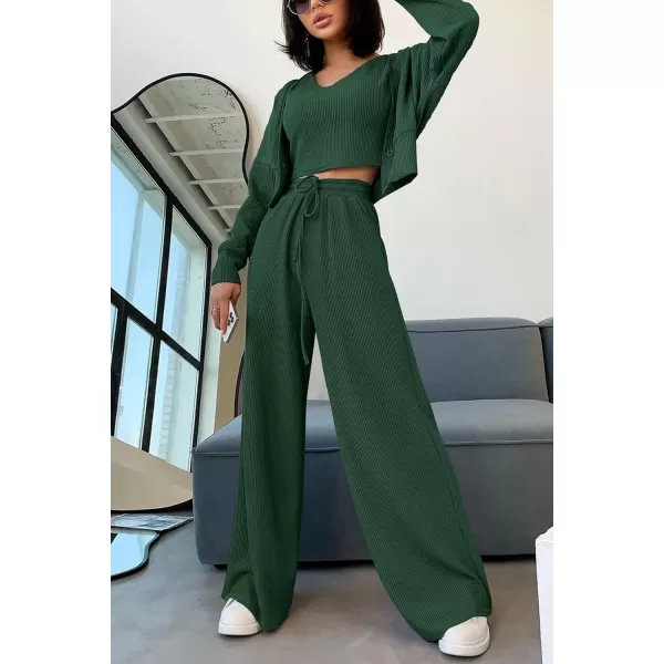imagePRETTYGARDEN Womens 2023 Fall Track Suits 3 Piece Outfits Matching Sets Ribbed Knit Cardigan Cropped Tank Tops Wide Leg PantsDark Green