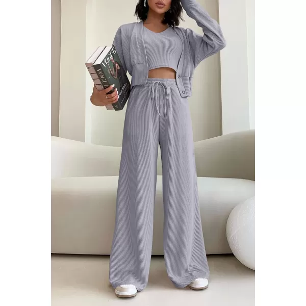 imagePRETTYGARDEN Womens 2023 Fall Track Suits 3 Piece Outfits Matching Sets Ribbed Knit Cardigan Cropped Tank Tops Wide Leg PantsGrey