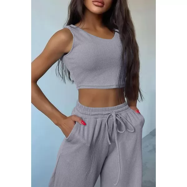 imagePRETTYGARDEN Womens 2023 Fall Track Suits 3 Piece Outfits Matching Sets Ribbed Knit Cardigan Cropped Tank Tops Wide Leg PantsGrey