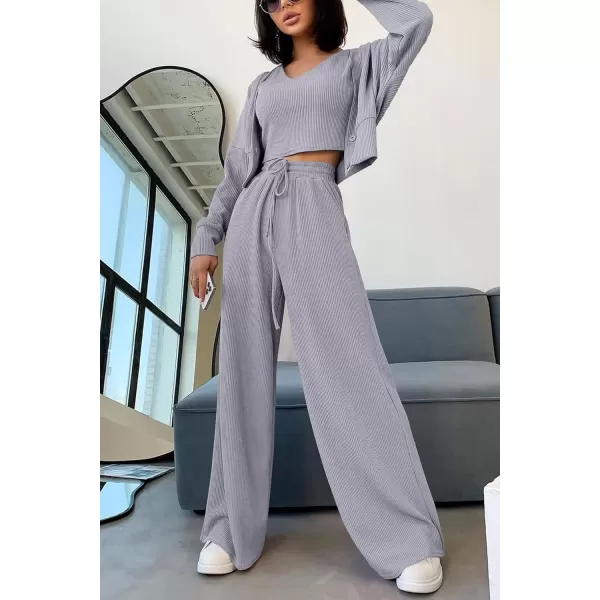 imagePRETTYGARDEN Womens 2023 Fall Track Suits 3 Piece Outfits Matching Sets Ribbed Knit Cardigan Cropped Tank Tops Wide Leg PantsGrey