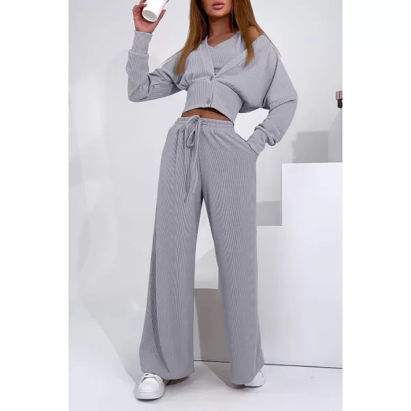 imagePRETTYGARDEN Womens 2023 Fall Track Suits 3 Piece Outfits Matching Sets Ribbed Knit Cardigan Cropped Tank Tops Wide Leg PantsGrey