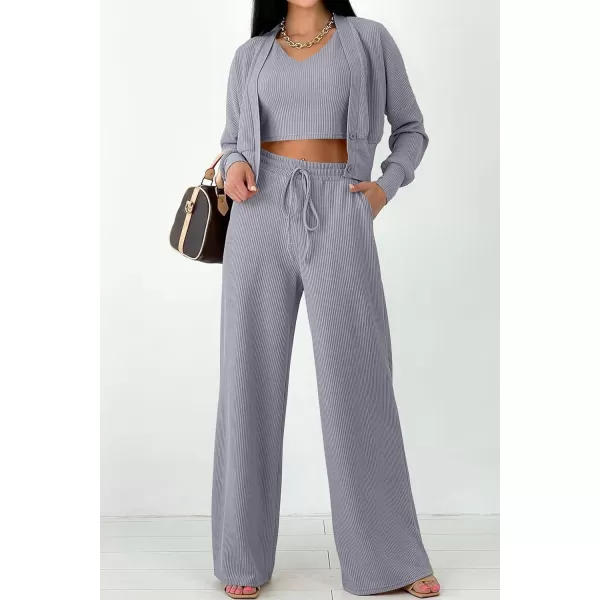 imagePRETTYGARDEN Womens 2023 Fall Track Suits 3 Piece Outfits Matching Sets Ribbed Knit Cardigan Cropped Tank Tops Wide Leg PantsGrey