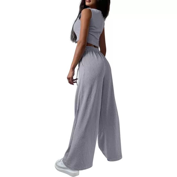 imagePRETTYGARDEN Womens 2023 Fall Track Suits 3 Piece Outfits Matching Sets Ribbed Knit Cardigan Cropped Tank Tops Wide Leg PantsGrey