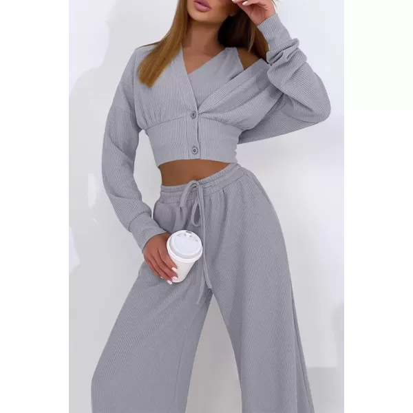 imagePRETTYGARDEN Womens 2023 Fall Track Suits 3 Piece Outfits Matching Sets Ribbed Knit Cardigan Cropped Tank Tops Wide Leg PantsGrey