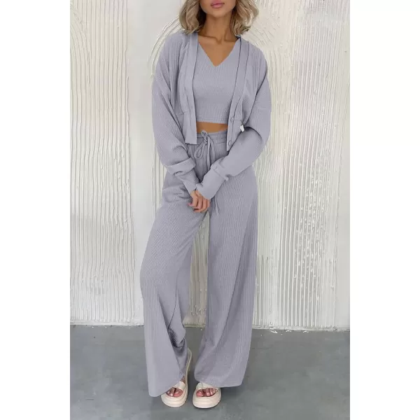imagePRETTYGARDEN Womens 2023 Fall Track Suits 3 Piece Outfits Matching Sets Ribbed Knit Cardigan Cropped Tank Tops Wide Leg PantsGrey