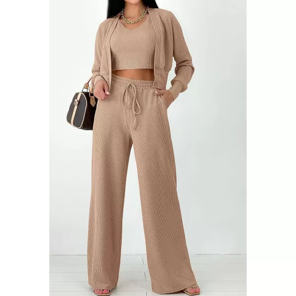 imagePRETTYGARDEN Womens 2023 Fall Track Suits 3 Piece Outfits Matching Sets Ribbed Knit Cardigan Cropped Tank Tops Wide Leg PantsKhaki