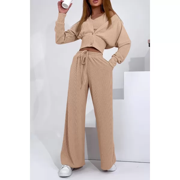 imagePRETTYGARDEN Womens 2023 Fall Track Suits 3 Piece Outfits Matching Sets Ribbed Knit Cardigan Cropped Tank Tops Wide Leg PantsKhaki