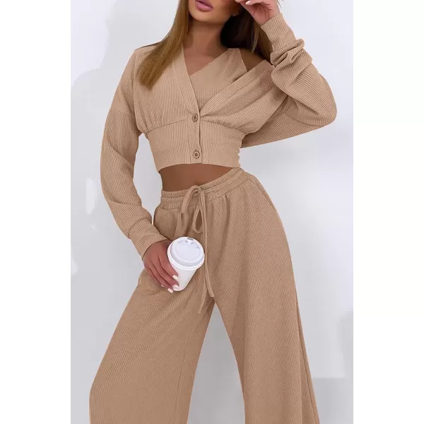 imagePRETTYGARDEN Womens 2023 Fall Track Suits 3 Piece Outfits Matching Sets Ribbed Knit Cardigan Cropped Tank Tops Wide Leg PantsKhaki