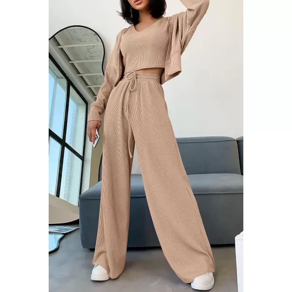 imagePRETTYGARDEN Womens 2023 Fall Track Suits 3 Piece Outfits Matching Sets Ribbed Knit Cardigan Cropped Tank Tops Wide Leg PantsKhaki