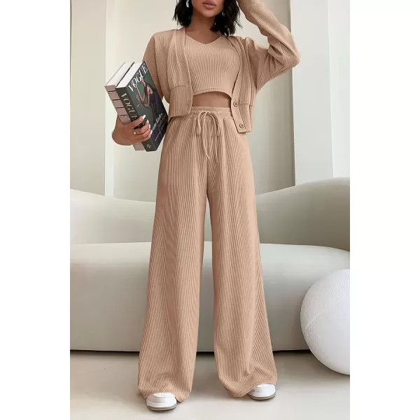 imagePRETTYGARDEN Womens 2023 Fall Track Suits 3 Piece Outfits Matching Sets Ribbed Knit Cardigan Cropped Tank Tops Wide Leg PantsKhaki