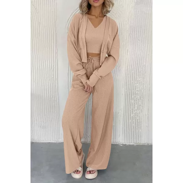 imagePRETTYGARDEN Womens 2023 Fall Track Suits 3 Piece Outfits Matching Sets Ribbed Knit Cardigan Cropped Tank Tops Wide Leg PantsKhaki